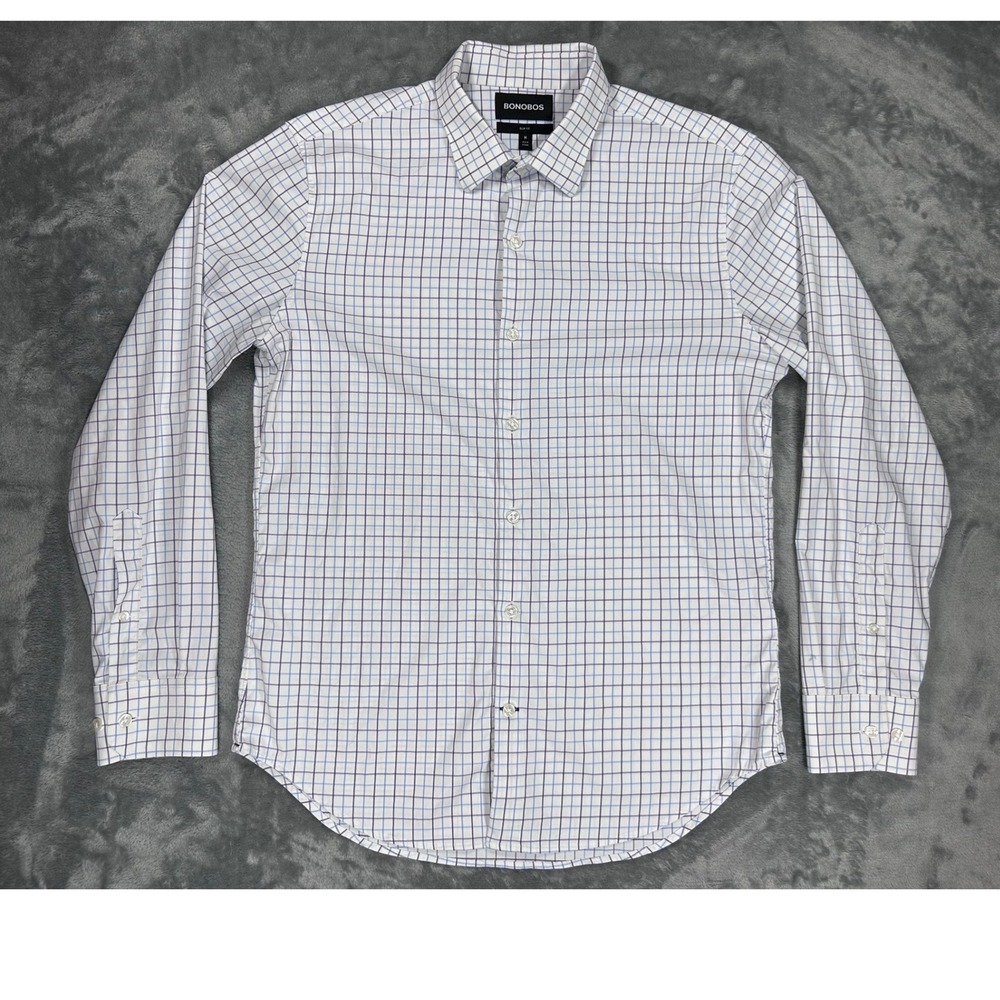 Bonobos Slim Fit Shirt Mens Medium M White Purple Blue Windowpane Tech Stretch